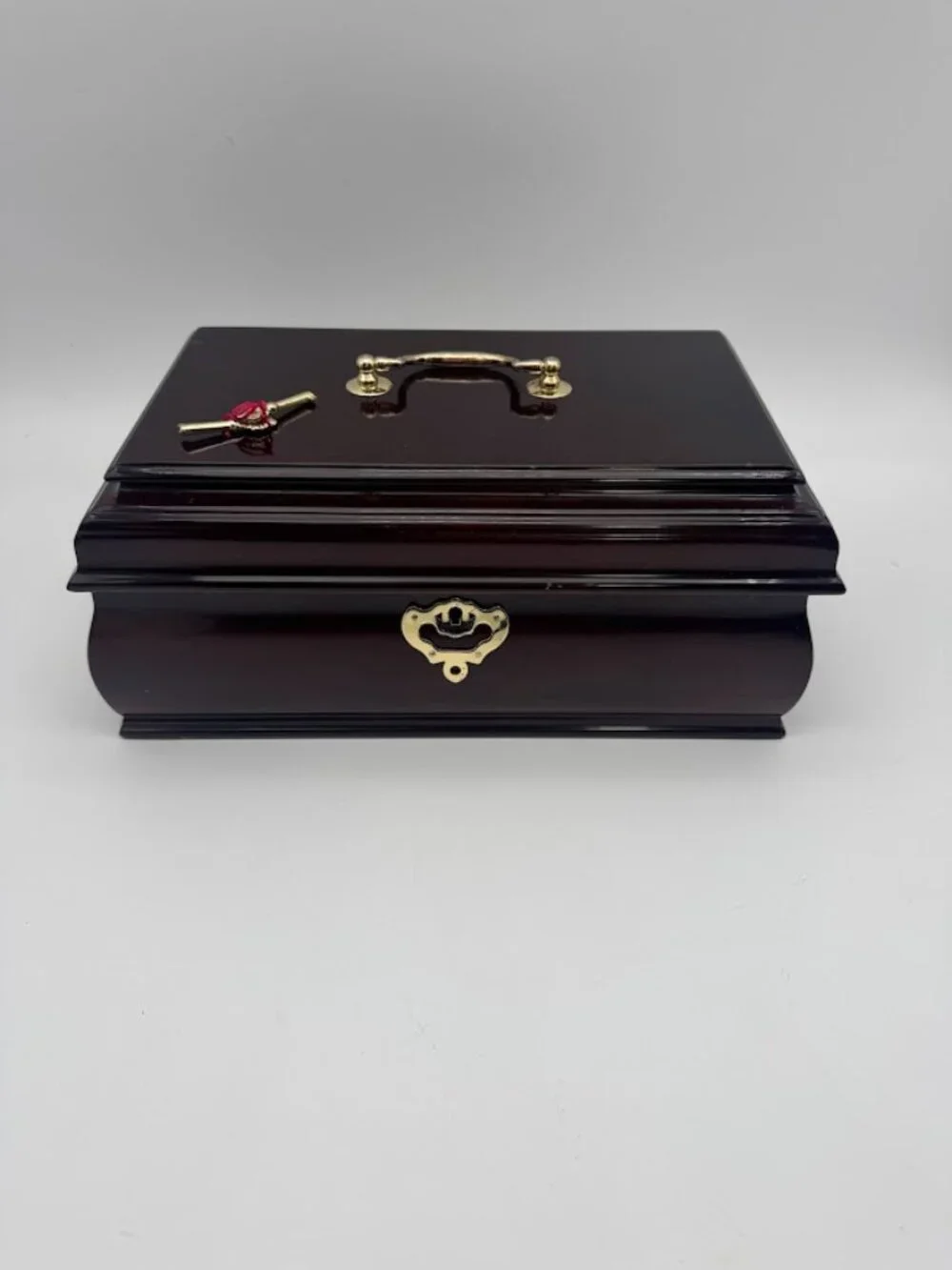 Vintage Mahogany Lacquer Jewelry Box Brass Lock Keys Velvet Lined 12in